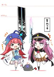  >_< 2girls :d ^^^ anglerfish_costume aqua_shirt arm_up black_cape black_hat blunt_bangs blunt_ends blush bun_cover cape character_name chibi chibi_only coat commentary double_bun eyes_visible_through_hair flag flipped_hair full_body hair_bun hair_ribbon halo happy hat heaven_burns_red height_chart height_conscious highres hime_cut holding holding_flag holding_sword holding_weapon kunimi_tama lab_coat long_hair long_sleeves looking_down mizuhara_aina multiple_girls narby_(heaven_burns_red) notice_lines o_o open_clothes open_coat open_mouth parted_bangs peaked_cap pink_hair rectangular_halo ribbon sekibaracheice shirt sidelocks simple_background smile standing standing_on_one_leg sword thigh-highs translation_request v-shaped_eyebrows very_long_hair weapon white_background white_ribbon white_thighhighs wide_sleeves zettai_ryouiki 