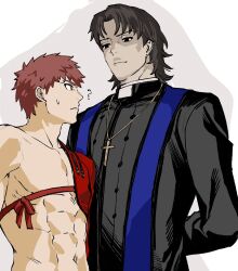  2boys ? abs arm_behind_back black_eyes black_hair commentary_request cross cross_necklace detached_sleeves emiya_shirou fate/grand_order fate_(series) frown grigori_rasputin_(fate) gyogyo_hjj height_difference highres jewelry korean_commentary kotomine_kirei light_smile male_focus multiple_boys navel necklace priest red_hair senji_muramasa_(fate) single_detached_sleeve stole sweatdrop 