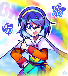  1girl a_world_underneath bag belt blue_eyes blue_hair brown_belt bubble buttons cape collarbone collared_cape colored_inner_hair commentary cowboy_shot dollar_sign dress english_commentary hair_between_eyes hairband hand_up happy highres lapels layered_sleeves long_sleeves looking_at_viewer multicolored_dress multicolored_hair multicolored_hairband notched_lapels one_eye_closed open_mouth outline patchwork_clothes pointing purple_hair rainbow rainbow_dress rainbow_hairband rhythm_pagi satchel signature sky_print smile solo sparkle standing tareme tenkyuu_chimata touhou two-sided_cape two-sided_fabric two-tone_hair white_background white_cape white_outline 