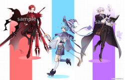  3boys :3 :d ahoge ankle_boots armor armored_boots asymmetrical_legwear bag bell_sleeves black_boots black_cape black_gloves black_pants black_vest blue_background blue_eyes blue_flower blue_hair blue_shorts blue_socks book boots bow bowtie breastplate cape capelet closed_mouth collared_shirt column_lineup_background copyright_notice cropped_shirt earrings falling_flower fantasy faulds fingerless_gloves floating floating_book floating_object flower fold-over_boots frilled_sleeves frills full_body gloves greaves grid_background hair_flaps hair_ornament hairclip hand_up hat hat_flower hat_ribbon high_heel_boots high_heels highres holding holding_polearm holding_staff holding_weapon hotoke_(ireisu) ireisu jacket jewelry knee_boots knees_together_feet_apart knight legwear_garter lineup liura_(ireisu) long_sleeves looking_at_viewer looking_to_the_side male_focus mandarin_collar midriff mismatched_legwear monocle multiple_boys nail_polish object_floating_above_hand official_art open_book open_hand pants parted_bangs pauldrons pelvic_curtain plaid_clothes plaid_footwear pleated_sleeves polearm poleyn purple_background purple_bow purple_bowtie purple_capelet purple_hair purple_hat purple_nails purple_ribbon rabbit red_armor red_background red_boots red_eyes red_hair ribbon sabaton saikyou_tank_no_meikyuu_kouryaku_~tairyoku_9999_no_rare_skill-mochi_tank_yuusha_party_wo_tsuihou_sareru~ sample_watermark satchel saw_(dtn_error) shirt sho_(ireisu) short_hair shorts shoulder_armor shoulder_bag shoulder_spikes single_glove single_sock single_thighhigh smile socks spear spikes spirit staff standing standing_on_one_leg stud_earrings swept_bangs tassel test_tube test_tube_holster thigh-highs torn_cape torn_clothes uneven_legwear utaite vambraces vest violet_eyes wallet_chain watermark weapon white_background white_flower white_jacket white_shirt white_thighhighs witch_hat 