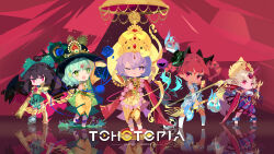  5girls :< absurdres alternate_costume animal_ears arm_cannon armor arrow_(projectile) asymmetrical_footwear barefoot bird_wings black_hat blonde_hair blue_flower blue_rose blush bow bow_(weapon) braid breastplate broken broken_chain cape cat_ears cat_tail chain closed_mouth control_rod_(touhou) copyright_name crown cuffs cup drawing_bow dress extra_ears eyeball facial_mark fang fire flaming_skull floating_skull flower forehead_mark full_body gold_armor gold_crown green_bow green_eyes green_hair green_skirt hair_bow hat heart heart_of_string highres holding holding_arrow holding_bow_(weapon) holding_cup holding_weapon horns hoshiguma_yuugi indian_clothes kaenbyou_rin komeiji_koishi komeiji_satori long_hair looking_at_viewer mismatched_footwear multiple_girls multiple_tails official_art one_eye_closed oni open_mouth pink_eyes purple_hair purple_shirt red_cape red_eyes red_hair red_horns reflective_floor reiuji_utsuho rose sakazuki shackles shirt short_hair shoulder_armor single_horn skirt skull smile solo strapless tail tan third_eye third_eye_on_chest tohotopia touhou tube_top twin_braids two_tails vajra_(object) very_long_hair violet_eyes wanzilala16 weapon white_dress white_tube_top wings 