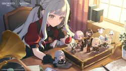  6+girls absurdres amoris_(bang_dream!) animal_ears arknights ascot bang_dream! bang_dream!_it's_mygo!!!!! beret black_ascot black_corset black_dress black_hair black_mask black_pantyhose black_ribbon black_skirt blonde_hair blue_gem blue_hair braid brown_corset chair chibi closed_eyes closed_mouth commentary coretton_(arknights) corset curtains doloris_(bang_dream!) dress earrings english_commentary gem gloves green_hair grey_gloves guest_art hair_between_eyes hair_ribbon hat highres holding holding_mask jewelry long_hair mask masquerade_mask mini_person misumi_uika morpheus_(arknights) mortis_(bang_dream!) mortis_(costume)_(bang_dream!) mouth_mask multiple_girls oblivionis_(bang_dream!) official_art open_mouth pantyhose phonograph purple_hair red_shirt red_shorts red_thighhighs ribbon saipaco second-party_source sharp_teeth sheet_music shirt short_hair short_sleeves shorts sidelocks skirt standing teeth thigh-highs timoris_(bang_dream!) togawa_sakiko two_side_up violet_eyes wakaba_mutsumi window yahata_umiri yellow_eyes yuutenji_nyamu 