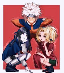  1girl 2boys black_hair blonde_hair commentary_request cosplay flak_jacket haruno_sakura haruno_sakura_(cosplay) highres jacket jiraiya_(naruto) multiple_boys naruto_(series) naruto_shippuuden orochimaru_(naruto) siokosyousio team_7_(naruto) tsunade_(naruto) uchiha_sasuke uchiha_sasuke_(cosplay) uzumaki_naruto uzumaki_naruto_(cosplay) white_hair 