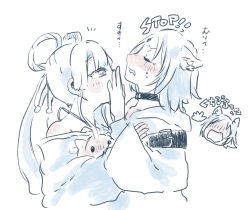  2girls animal_ears bare_shoulders blush cho_kaguya-hime! choker closed_eyes commentary covering_another's_mouth drooling english_text fox_ears from_side hair_ornament hair_ribbon hair_stick hand_over_another's_mouth highres hood hoodie limited_palette long_hair looking_at_another multiple_girls omisoshiru2030 open_mouth partially_translated ribbon runami_yachiyo sakayori_iroha sketch sweat translation_request umbrella_octopus upper_body white_background yuri 