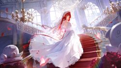  1girl absurdres akane_lize bare_back black_eyes blunt_bangs breasts bridal_veil bug butterfly chandelier choker clrawing commentary_request dress elbow_gloves full_body gloves highres korean_commentary lens_flare long_hair looking_at_viewer medium_breasts petals red_hair sideboob solo stairs standing stellive veil very_long_hair wedding_dress window 