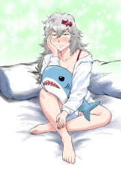  1girl absurdres barefoot bed blush bra breasts closed_mouth collared_shirt elbow_rest goddess_of_victory:_nikke grey_hair hair_ornament hairclip hand_on_own_cheek hand_on_own_face highres holding holding_stuffed_toy large_breasts long_hair long_sleeves looking_at_viewer messy_hair ogirin3948 on_bed open_clothes pillow red_bra shark shirt sitting skirt smile solo stuffed_animal stuffed_shark stuffed_toy underwear white_shirt yellow_eyes yulha_(nikke) 