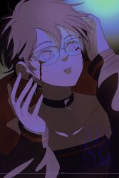  1girl absurdres artist_name black_collar black_jacket black_tube_top blind blood blood_from_eyes boruto:_two_blue_vortex cataracts collar commentary earrings empty_eyes english_commentary glasses highres jacket jewelry kaneart naruto_(series) portrait short_hair solo strapless tube_top uchiha_sarada uchiha_symbol watermark 