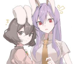  2girls animal_ears artist_name blush breasts brown_eyes brown_hair carrot_necklace closed_mouth collared_shirt commentary_request dress fingernails from_side hair_between_eyes hand_on_own_chest hand_up highres inaba_tewi jewelry large_breasts long_fingernails long_hair looking_at_viewer medium_breasts multiple_girls musical_note nail_polish necklace necktie notice_lines open_mouth orange_necktie ove_(user_vcdx4582) pink_dress pink_nails puffy_short_sleeves puffy_sleeves purple_hair rabbit_ears rabbit_girl reisen_udongein_inaba shirt short_hair short_sleeves sidelocks simple_background smile touhou upper_body white_background white_shirt 