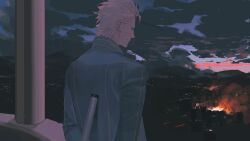  1boy blue_coat blue_eyes closed_mouth coat commentary devil_may_cry_(series) devil_may_cry_3 hair_slicked_back highres holding holding_sword holding_weapon katana male_focus short_hair smile solo sword vergil_(devil_may_cry) weapon white_hair yamato_(sword) ykim01989882 