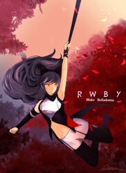  1girl artist_name black_hair blake_belladonna bow leaf long_hair neko_(greedlin) rwby smile solo tree yellow_eyes 