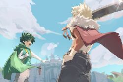  2boys absurdres alternate_universe bakugou_katsuki belt black_pants blonde_hair blue_sky boku_no_hero_academia boku_no_hero_academia_2nd_popularity_poll brown_belt cape castle clouds commentary_request day dtd_mha freckles from_below fur-trimmed_cape fur_trim green_cape green_hair grey_pants hand_on_another's_shoulder highres holding_strap looking_at_another male_focus midoriya_izuku multiple_boys official_alternate_costume open_mouth over_shoulder pants pointing pointing_forward short_hair sky spiky_hair standing weapon weapon_over_shoulder 