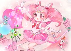  absurdres amazons_quartet bishoujo_senshi_sailor_moon blue_hair blue_sailor_collar blue_skirt boots cerecere_(sailor_moon) commentary_request green_hair green_sailor_collar green_skirt highres junjun_(sailor_moon) miniskirt on_swing pale_skin pallapalla_(sailor_moon) pink_hair pink_sailor_collar pink_skirt red_hair red_ribbon red_sailor_collar red_skirt ribbon sailor_ceres sailor_chibi_moon sailor_collar sailor_juno sailor_pallas sailor_vesta skirt super_sailor_chibi_moon_(stars) swing tricycle vesves_(sailor_moon) yazawaribii 