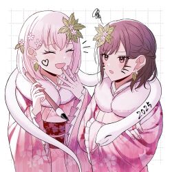  1girl 1other akiyama_mizuki braid brown_eyes brown_hair calligraphy_brush closed_eyes commentary_request crossed_arms drawn_whiskers earrings fingernails floral_print grid_background hands_up highres holding holding_calligraphy_brush holding_paintbrush japanese_clothes jewelry kimono kizu_darake_no_te_de_watashi-tachi_wa_(project_sekai) long_sleeves mutu_(25love) nail_polish notice_lines official_alternate_hair_length official_alternate_hairstyle open_hand open_mouth paintbrush pink_hair pink_kimono pink_nails project_sekai shinonome_ena short_hair snake upper_body 