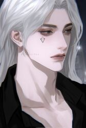  1boy artist_name black_shirt blurry blurry_background closed_mouth collared_shirt expressionless facial_mark facial_tattoo faxparduo grey_eyes highres lips long_hair looking_to_the_side male_focus original parted_bangs portrait shirt simple_background solo tattoo watermark white_hair 