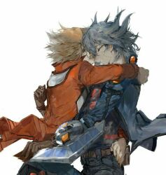  2boys arm_around_shoulder arm_around_waist arm_behind_back belt belt_pouch black_hair black_shirt blue_coat brown_belt brown_gloves brown_hair card coat cowboy_shot denim duel_disk facing_another fudo_yusei gloves hair_slicked_back heads_together holding holding_card hug jeans leaning_on_person looking_at_another male_focus momentcorefly multiple_boys open_clothes open_coat pants popped_collar pouch red_coat shirt spiky_hair third-party_source white_background yu-gi-oh! yu-gi-oh!_5d's yu-gi-oh!_gx yuki_judai 