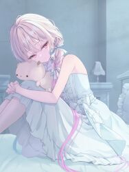  1girl bare_arms braid center_frills dress english_commentary frilled_dress frills from_side hair_ribbon half-closed_eyes highres hugging_own_legs indoors knees_up light_frown long_hair looking_down multicolored_hair on_bed original own_hands_together pillow purple_hair red_eyes ribbon sad sitting solo strapless strapless_dress streaked_hair stuffed_toy tina_oekaki twin_braids very_long_hair white_dress white_hair white_ribbon 