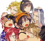  1girl 6+boys black_hair blonde_hair blue_eyes brown_hair bruno_bucciarati formal giorno_giovanna green_eyes grey_hair guido_mista hat jaguchi_(bbbing) jojo_no_kimyou_na_bouken leone_abbachio multiple_boys narancia_ghirga pannacotta_fugo redhead suit trish_una v violet_eyes wink 