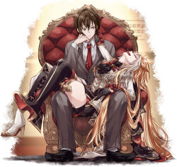  1boy 1girl ahoge animal_ears ascot asymmetrical_footwear black_ascot black_gloves black_thighhighs breasts brown_eyes brown_hair closed_eyes coat collared_shirt commentary_request ear_covers gem gloves green_gem grey_jacket grey_pants grey_suit highres horse_ears horse_girl horse_tail jacket jewelry large_breasts long_hair long_sleeves mismatched_footwear multicolored_hair necktie open_mouth orange_hair orfevre_(control)_(umamusume) orfevre_(umamusume) pants parted_lips red_necktie shirt sitting sitting_on_throne smile suit tail thigh-highs thighs trainer_(umamusume) two-tone_hair umamusume white_coat white_hair white_shirt yue_(lov_n_n) 