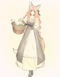  1girl absurdres alexamaned animal_ear_fluff animal_ears basket black_bow black_eyes black_gloves bow character_request check_food closed_mouth collarbone copyright_request elbow_gloves food_request fox_ears fox_girl fox_tail gloves grey_shoes grey_skirt grey_vest hair_bow highres holding holding_basket layered_skirt light_blush light_smile long_hair long_skirt looking_at_viewer paw_shoes puffy_short_sleeves puffy_sleeves red_hair shirt shoes short_sleeves simple_background skirt solo split_mouth swept_bangs tail tomato vest wheat white_shirt white_skirt yellow_background 