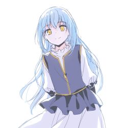  1other arms_behind_back bad_id bad_pixiv_id blue_hair blue_vest closed_mouth collared_dress commentary_request dress english_commentary floating_hair hair_between_eyes high_collar long_hair long_sleeves mixed-language_commentary mizuki_riko rimuru_tempest simple_background smile solo tensei_shitara_slime_datta_ken upper_body vest white_background white_dress yellow_eyes 