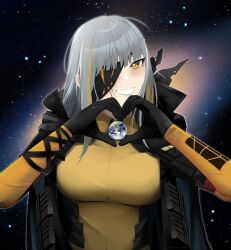  black_gloves black_jacket blunt_bangs breasts commission darkpulsegg earth_(planet) eyepatch giant giantess girls_frontline gloves heart heart_hands highres hood hooded_jacket jacket large_breasts long_hair long_sleeves looking_at_viewer m16a1_(boss)_(girls'_frontline) m16a1_(girls'_frontline) magazine_(weapon) mole mole_under_eye multicolored_hair open_mouth own_hands_together planet scar scar_across_eye scar_on_face shirt smile solo space white_shirt yellow_eyes yellow_shirt 
