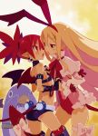  2girls armband ass bangle bare_shoulders black_gloves blonde_hair boots bracelet choker clothed_navel covering_eyes demon_girl demon_tail demon_wings disgaea disgaea_d2 earrings etna flat_chest flonne flonne_(fallen_angel) gloves hair_ribbon harada_takehito holding_hands interlocked_fingers jewelry long_hair midriff multiple_girls official_art open_mouth peeking_through_fingers pointy_ears prinny red_eyes red_legwear redhead ribbon short_shorts shorts tail thigh_boots thigh_ribbon thighhighs twintails very_long_hair wings yuri 
