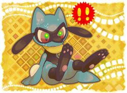 ! !! arm_support commentary_request full_body hinekure no_humans open_mouth pawpads pokemon pokemon_(creature) red_eyes riolu sitting solo sweat 