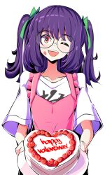  1girl :d apron cake food food_on_face glasses happy_valentine highres holding holding_cake holding_food medium_hair one_eye_closed plate purple_hair red_eyes rsutibu shin_subarashiki_kono_sekai shirt short_sleeves smile subarashiki_kono_sekai transparent_background upper_body usui_nagi white_shirt 