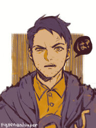  1boy absurdres anger_vein artist_name black_hair black_jacket brown_eyes character_request check_character collared_shirt commentary_request highres hood hood_down hooded_jacket jacket looking_at_viewer male_focus numbers_(pigpenandpaper) open_clothes open_jacket orange_shirt polo_shirt shane_(stardew_valley) shirt solo stardew_valley translation_request uneven_eyes upper_body 