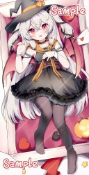  1girl absurdres black_choker black_dress black_hat black_pantyhose chinese_commentary choker commentary commission corset demon_tail dress fang frilled_choker frilled_dress frills full_body grey_hair hair_between_eyes hat highres long_hair looking_at_viewer love_letter lying no_shoes on_back open_mouth orange_sailor_collar original pantyhose red_corset red_eyes sailor_collar sample_watermark sidelocks skin_fang smile tail tian_yang two_side_up watermark watermark_grid white_wrist_cuffs witch witch_hat wrist_cuffs 