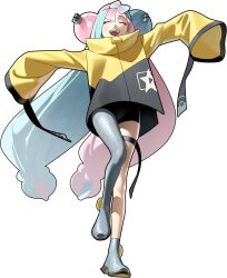  1girl 987645321o blue_hair blush bow-shaped_hair character_hair_ornament closed_eyes facing_viewer full_body grey_pantyhose hair_ornament hashtag-only_commentary hexagon_print highres iono_(pokemon) jacket long_hair long_sleeves multicolored_hair open_mouth pantyhose pink_hair pokemon pokemon_sv sharp_teeth simple_background single_leg_pantyhose sleeves_past_fingers sleeves_past_wrists smile solo split-color_hair standing teeth two-tone_hair white_background yellow_jacket 