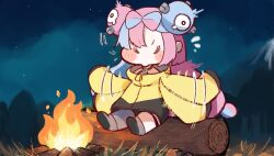  >_< 1girl afterimage blush_stickers campfire character_hair_ornament chibi chibi_only closed_eyes clouds commentary_request fire flying_sweatdrops grey_shirt grey_shoes hair_ornament iono_(pokemon) jacket log mixed-language_commentary motion_lines night outdoors pokemon pokemon_sv shirt shoes single_leg_pantyhose sitting sky solo thigh_strap trickcal um99 yellow_jacket 