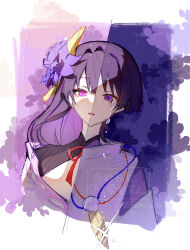  1boy 1girl absurdres arm_cutout black_hair black_shrug blunt_bangs blunt_ends border choppy_bangs clothing_cutout colored_inner_hair cropped_torso crying crying_with_eyes_open eyeliner feathers flower genshin_impact glint hair_flower hair_ornament hatsu_q highres japanese_clothes kariginu layered_sleeves long_hair looking_at_viewer makeup mandarin_collar mother_and_son multicolored_hair open_mouth pink_background pink_eyes pom_pom_(clothes) purple_background purple_flower purple_hair purple_sleeves raiden_shogun red_eyeliner scaramouche_(genshin_impact) scaramouche_(kabukimono)_(genshin_impact) shoulder_cutout shrug_(clothing) split_theme string swept_bangs tears tsurime two-tone_background violet_eyes white_border white_sleeves yellow_feathers 