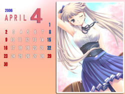  1girl 2006 april arm_behind_head arm_up armpits black_corset black_ribbon blue_bow blue_skirt blurry blurry_background bow brown_hair calendar_(medium) cherry_blossoms closed_mouth collared_shirt corset cowboy_shot dress_shirt dutch_angle hair_bow looking_at_viewer neck_ribbon nyaou_(round_facer) one_eye_closed original outdoors pink_eyes pleated_skirt ribbon shirt skirt sleeveless sleeveless_shirt smile solo standing twintails white_shirt 