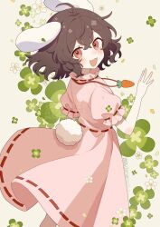  1girl animal_ears brown_hair carrot_necklace clover commentary_request dress fafa four-leaf_clover highres inaba_tewi jewelry looking_at_viewer medium_hair necklace open_mouth pendant pink_dress puffy_short_sleeves puffy_sleeves rabbit_day rabbit_ears rabbit_girl rabbit_tail red_eyes ribbon-trimmed_dress ribbon_trim short_sleeves smile solo tail touhou watermark 