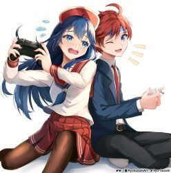  absurdres ahoge black_pants blazer blue_eyes blue_hair blue_headband blue_jacket blue_neckerchief brown_pantyhose contemporary controller fire_emblem fire_emblem:_the_binding_blade flying_sweatdrops game_controller hat headband highres holding holding_controller holding_game_controller jacket lilina_(fire_emblem) long_hair neckerchief necktie nervous_sweating one_eye_closed open_mouth pants pantyhose pleated_skirt red_hair red_hat red_necktie red_sailor_collar red_skirt roy_(fire_emblem) ryo-suzuki sailor_collar school_uniform serafuku shirt short_hair simple_background sitting skirt smile socks sweat sweatdrop white_background white_shirt white_socks 