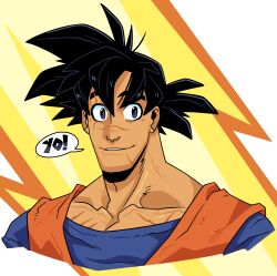  1boy absurdres black_hair blue_shirt commentary dougi dragon_ball dragon_ball_z english_commentary english_text highres lightning_bolt_symbol muscular muscular_male orange_dougi portrait saiyan scar scar_on_face shirt short_hair smile solo son_goku speech_bubble spiky_hair toon_(style) wolfsvile 