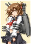  1girl blush brown_eyes brown_hair cannon hair_ornament hair_up inazuma_(kantai_collection) kantai_collection personification roura school_uniform serafuku short_hair skirt smile solo torpedo turret 