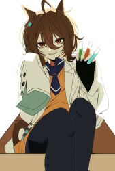  1girl agnes_tachyon_(tach-nology)_(umamusume) agnes_tachyon_(umamusume) ahoge animal_ears between_fingers black_pantyhose blue_necktie blue_shirt brown_hair chemical_structure coat crazy_smile ear_ornament eong_1009 hair_between_eyes hashtag-only_commentary highres holding holding_test_tube horse_ears horse_girl horse_tail lab_coat long_sleeves looking_at_viewer necktie orange_vest pantyhose red_eyes shirt short_hair simple_background sitting sleeves_past_fingers sleeves_past_wrists smile solo tail test_tube umamusume upper_body vest white_background white_coat 