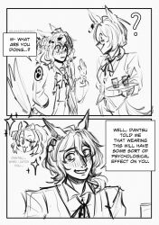  3girls :3 ? agnes_tachyon_(umamusume) animal_ears blush butler chemical_structure crossdressing crossdressing_(ftm) dantsu_flame_(umamusume) ear_ornament earrings english_text expressive_hair hair_ornament hair_over_shoulder hairclip hako_owo hand_in_pocket hand_up highres holding holding_tray horse_ears horse_girl horse_tail jewelry jungle_pocket_(umamusume) looking_at_another multiple_girls pants parted_lips plate raised_eyebrow short_hair single_earring smile tail tray umamusume 