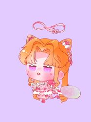  1girl absurdly_long_hair arm_bow blonde_hair blunt_bangs blush boots bow chibi chinese_commentary commentary_request double_bun dreamtime_bestowed_(infinity_nikki) dress drill_hair facial_tattoo frilled_dress frills hair_bow hair_bun hair_intakes hair_ornament hair_ribbon halo happy heart heart_hair_ornament heart_tattoo highres holding holding_behind_back holding_spoon infinity_nikki infinity_symbol leg_up long_hair looking_ahead nikki_(series) open_mouth oversized_object parted_bangs pink_boots pink_bow pink_dress pink_halo pink_ribbon purple_background ribbon sidelocks simple_background smile solo spoon standing strapless strapless_dress tangcu_dianshi_ju tattoo teeth twin_drills twintails upper_teeth_only very_long_hair violet_eyes white_bow 