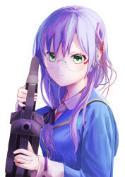  15taruhito 1girl commentary_request glasses green_eyes heaven_burns_red highres holding holding_weapon izumi_yuki_(heaven_burns_red) long_hair looking_at_viewer neck_ribbon purple_hair ribbon school_uniform simple_background weapon 