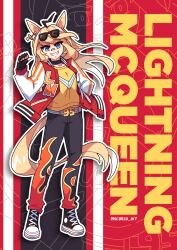  1girl absurdres ahoge animal_ears bandaid bandaid_on_face bandaid_on_nose belt belt_buckle black_background black_choker black_gloves black_hair black_pants black_shoes blonde_hair blue_eyes buckle car_number cars_(movie) character_name choker collarbone commentary curled_fingers different_zoom_layer ear_ornament english_commentary eyewear_on_head fingerless_gloves flame_print floating_hair genderswap genderswap_(mtf) gloves grin highres horse_ears horse_girl horse_tail jacket kemonomimi_mode letterman_jacket lightning_mcqueen logo_print long_hair long_sleeves looking_at_viewer open_mouth orange_pants outline pants personification pointing pointing_at_self pointing_with_thumb puffy_long_sleeves puffy_sleeves red_background red_jacket red_trim scalizo shirt shoes single_hair_streak smile sneakers solo striped_background sunglasses tail twitter_username umamusume vertical-striped_sleeves white_background white_belt white_outline white_sleeves yellow_pants yellow_shirt yellow_sleeves zoom_layer 