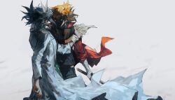  2boys angry bandaged_arm bandaged_wrist bandages black_hair black_shirt brown_hair coat confrontation denim facing_another fudo_yusei grabbing_another's_arm hair_slicked_back heterochromia highres holding holding_another's_wrist holding_sword holding_weapon jeans lab_coat looking_at_another male_focus momentcorefly multiple_boys open_clothes open_coat pants red_coat shaded_face shirt sleeves_rolled_up spiky_hair sword weapon white_background white_coat wind yu-gi-oh! yu-gi-oh!_5d's yu-gi-oh!_gx yuki_judai 