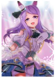  1girl animal_ears ascot blue_ascot blush clothing_cutout commentary_request gloves green_ascot hat highres horse_ears horse_girl long_hair looking_at_viewer mejiro_mcqueen_(end_of_the_skies)_(umamusume) mejiro_mcqueen_(umamusume) mini_hat mini_top_hat momami_mo_ma navel official_alternate_costume open_mouth overskirt purple_hair short_sleeves shorts shoulder_cutout smile solo top_hat umamusume violet_eyes white_gloves white_hat white_shorts 