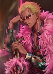  1boy absurdres blonde_hair coat collared_shirt donquixote_doflamingo earrings feather-trimmed_umbrella feather_trim head_rest highres holding holding_umbrella jewelry looking_at_viewer male_focus multicolored_shirt one_piece pink_coat reflection sakakin120 shirt short_hair signature sunglasses umbrella window 