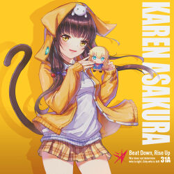  1girl :d absurdres animal_ears animal_hood animal_on_head aqua_eyes asakura_karen_(heaven_burns_red) black_hair blonde_hair blunt_bangs blush breasts brown_skirt cat cat_ears cat_hood cat_on_head cat_tail character_doll character_name chibi chibi_inset chinese_commentary commentary_request doll drop_shadow english_text fake_animal_ears film_grain floating_hair hair_bobbles hair_ornament hands_up happy heaven_burns_red highres holding holding_doll hood hood_up hoodie long_hair looking_at_viewer low_twintails medium_breasts miniskirt on_head open_clothes open_hoodie open_mouth orange_hoodie plaid_clothes plaid_skirt pleated_skirt sail_678 simple_background skirt sleeves_past_wrists smile solo sweater_vest tail tail_raised teeth toujou_tsukasa twintails upper_teeth_only very_long_hair white_cat white_sweater_vest yellow_background yellow_eyes 