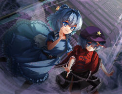  2girls absurdres black_skirt blue_dress blue_eyes blue_hair blue_nails brown_ribbon cheesegyuudon09 chinese_clothes closed_mouth collared_vest commentary_request dress expressionless feet_out_of_frame frilled_dress frills grey_eyes hagoromo hair_rings hat hat_ornament highres jiangshi kaku_seiga lace-trimmed_sleeves lace_trim looking_afar miyako_yoshika multiple_girls neck_ribbon newsboy_cap ofuda open_clothes open_mouth open_vest outstretched_arms purple_background purple_hat red_nails red_shirt revision ribbon shawl shirt short_hair short_sleeves skirt smile star_(symbol) star_hat_ornament tangzhuang touhou vest white_vest wide_sleeves zombie_pose 