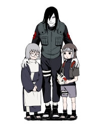  3boys aged_down black_hair colored_skin commentary_request eyeliner flak_jacket fox_mask glasses grey_shirt gyogyo_hjj headpiece highres holding holding_mask jacket konohagakure_symbol korean_commentary makeup male_focus mask multiple_boys naruto_(series) naruto_shippuuden open-toe_shoes orochimaru_(naruto) purple_eyeliner round_eyewear shirt smile sword sword_on_back turtleneck weapon weapon_on_back white_skin yakushi_kabuto yamato_(naruto) yellow_eyes 