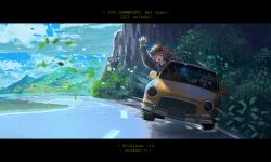  404_(girls'_frontline) 4girls absurdres armband blue_sky car clouds day driving g11_(girls'_frontline) girls_frontline highres hk416_(girls'_frontline) invertedqueen license_plate long_hair motor_vehicle multiple_girls nature on_car outdoors road scar scar_across_eye scar_on_face scenery sky smile steering_wheel ump45_(girls'_frontline) ump9_(girls'_frontline) yellow_armband 